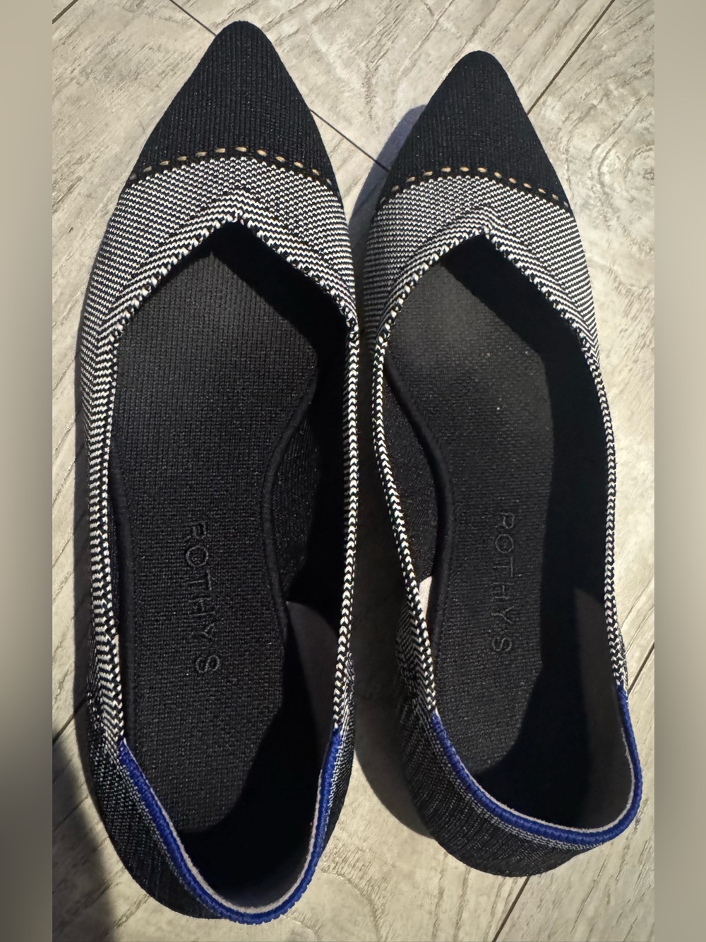 Rothy's Black & White Pointed Knit Flats with Blue Trim